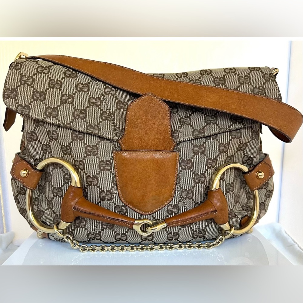 Rare gucci vintage horsebit  beige canvas with camel leather trim and strap